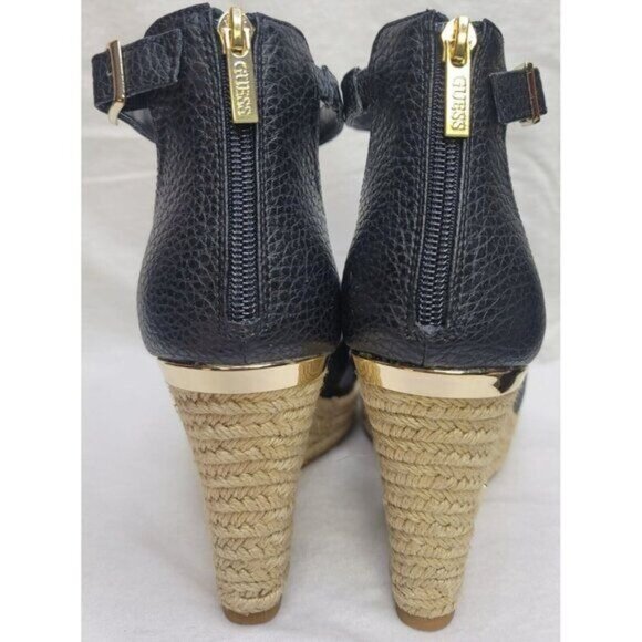 Guess Womens Black Espadrille-Style Wedge Sandals Raffia Sole Gold Logo Sz 10M - Picture 8 of 13